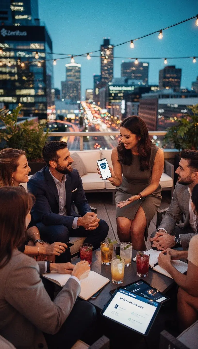 Obrazek przedstawiający grupę zadowolonych klientów korzystających z usług ubezpieczeniowych, podkreślający dostępność i wsparcie.